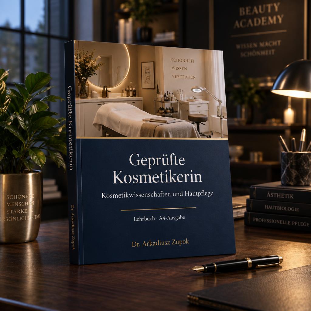 Handbuch „Geprüfte Kosmetikerin“ – Lehrbuch auf dem Schreibtisch