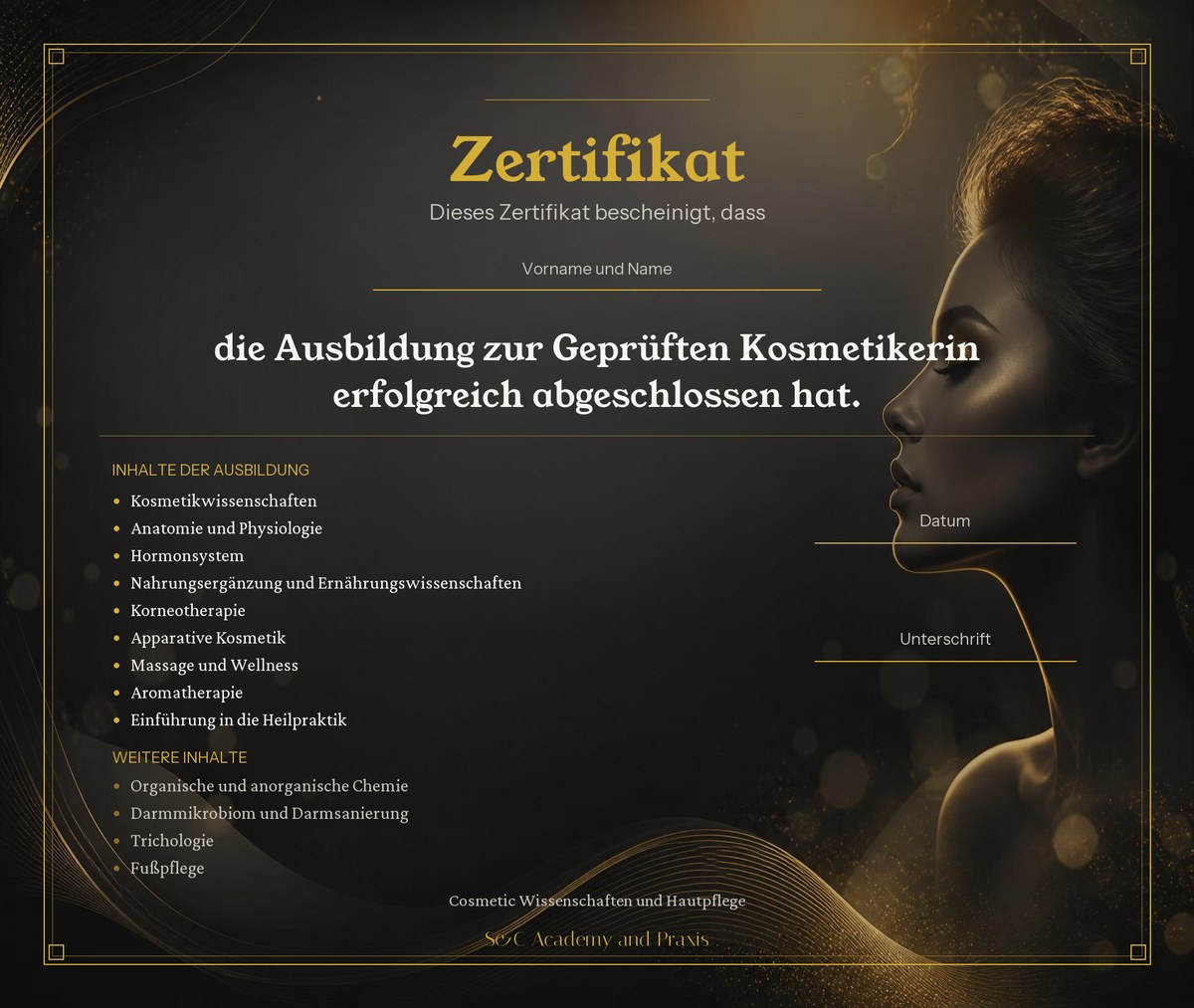 Zertifikat Geprüfte Kosmetikerin der S&C Academy and Praxis